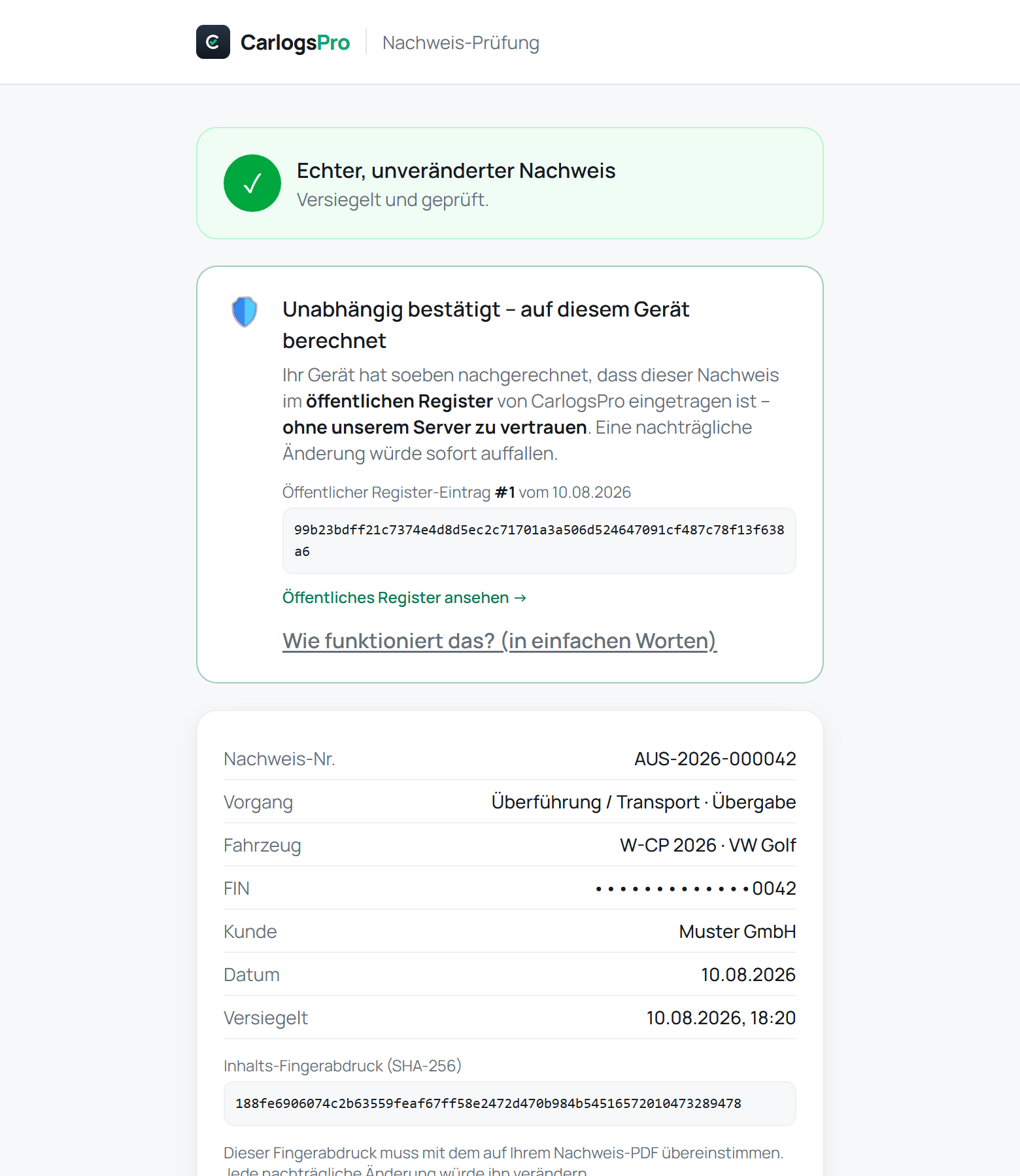 Comcentra Logs Prüfportal — unabhängig im Browser bestätigt